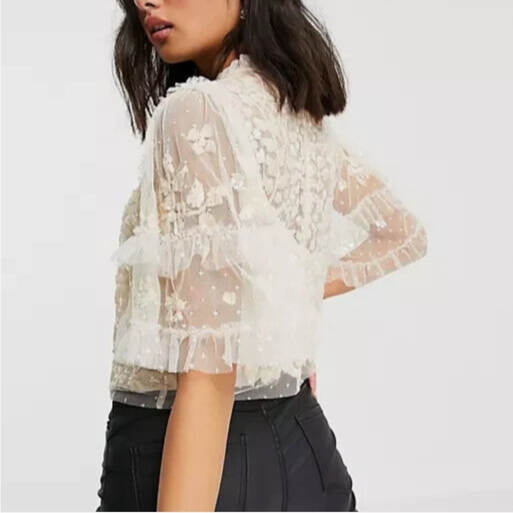 NEEDLE & THREAD Aurelia Sequin Embellished Top Natural Cream Ruffle Sheer Blouse - Picture 7 of 15
